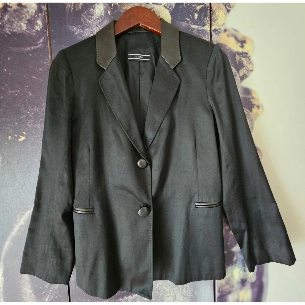 JOSEPH Black Cotton Blazer Leather Trim Detail Career Jacket‎ Size L